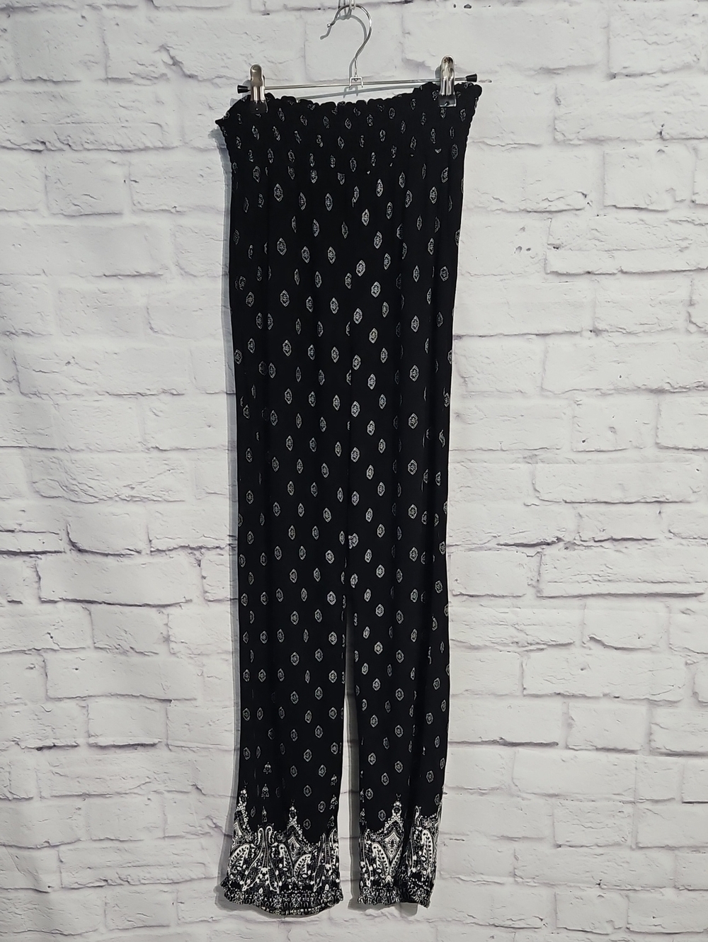 Kingston Grey Black Printed Wide-Leg Pants with Smocked Waist